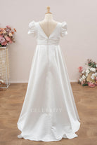 white satin v back flower girl dress