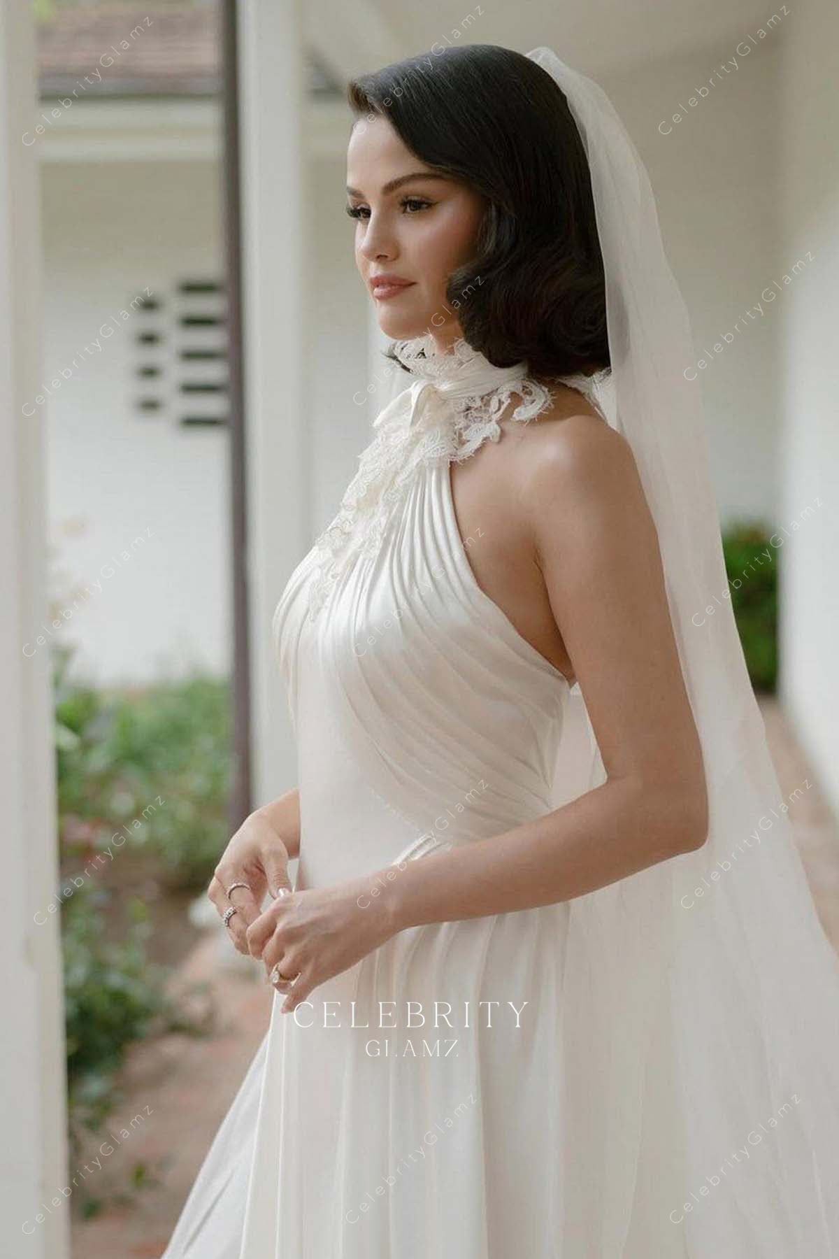 white Selena Gomez halter high neck 2025 wedding dress