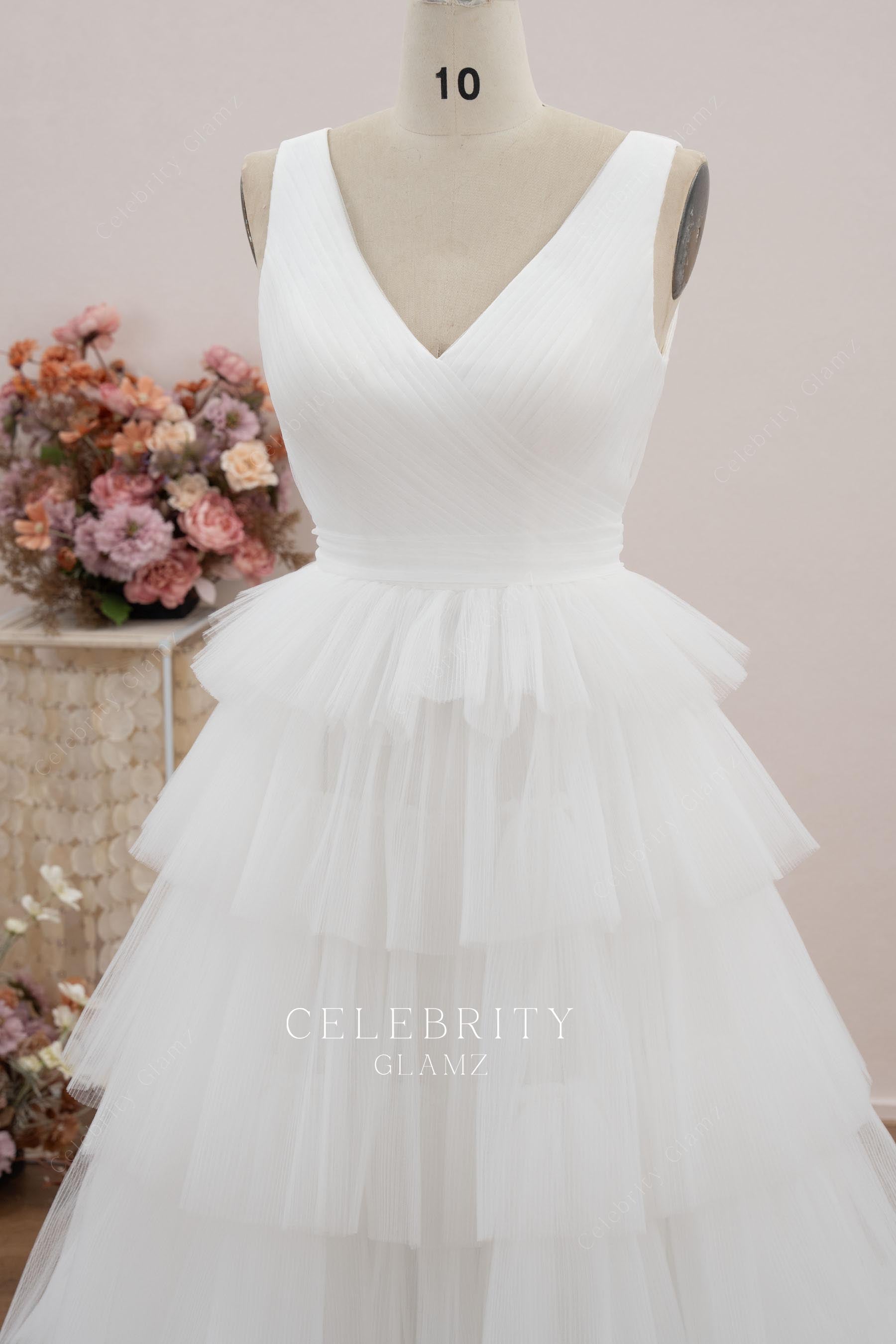 white sleeveless v neck wedding dress