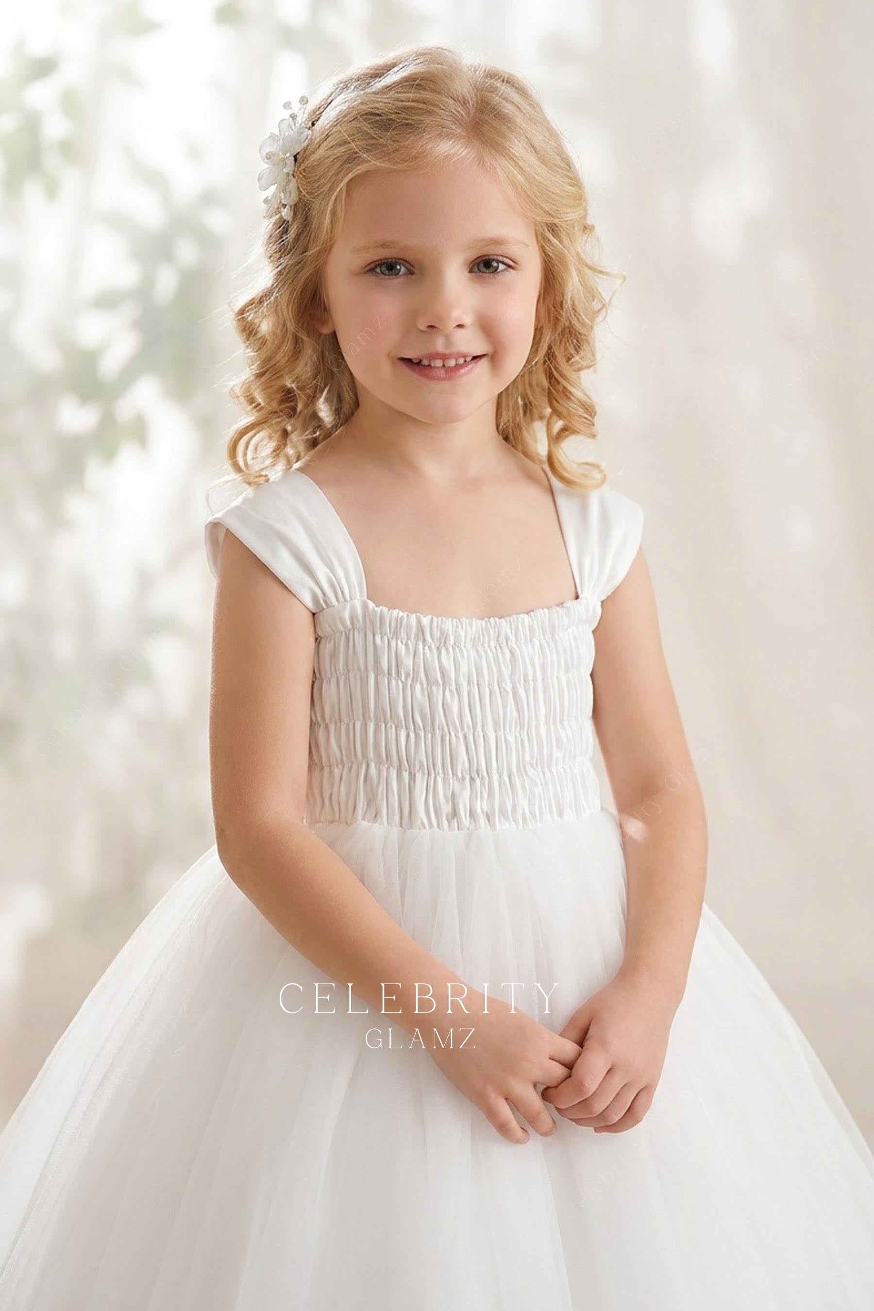 white square neck flower girl ballgown