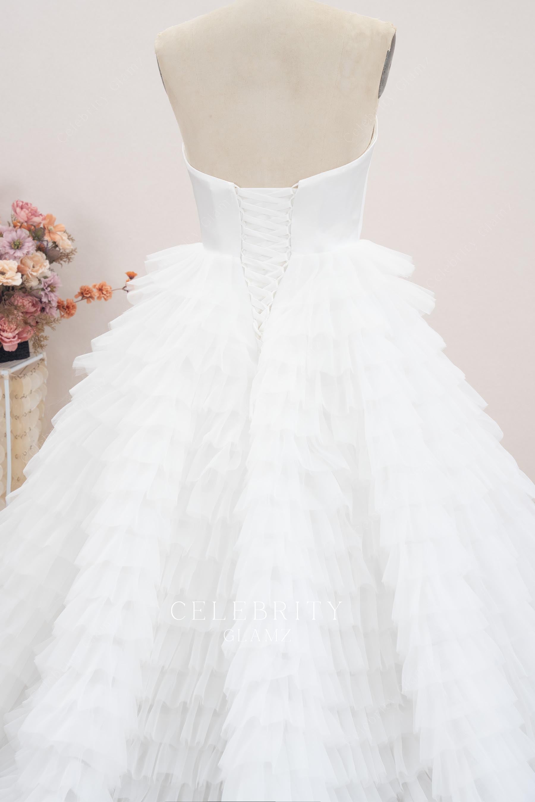 white strapless open back bridal dress