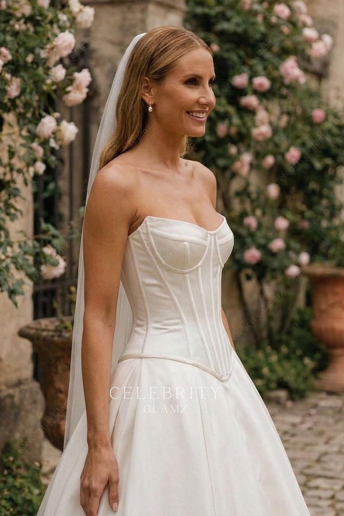 white strapless v neck wedding dress