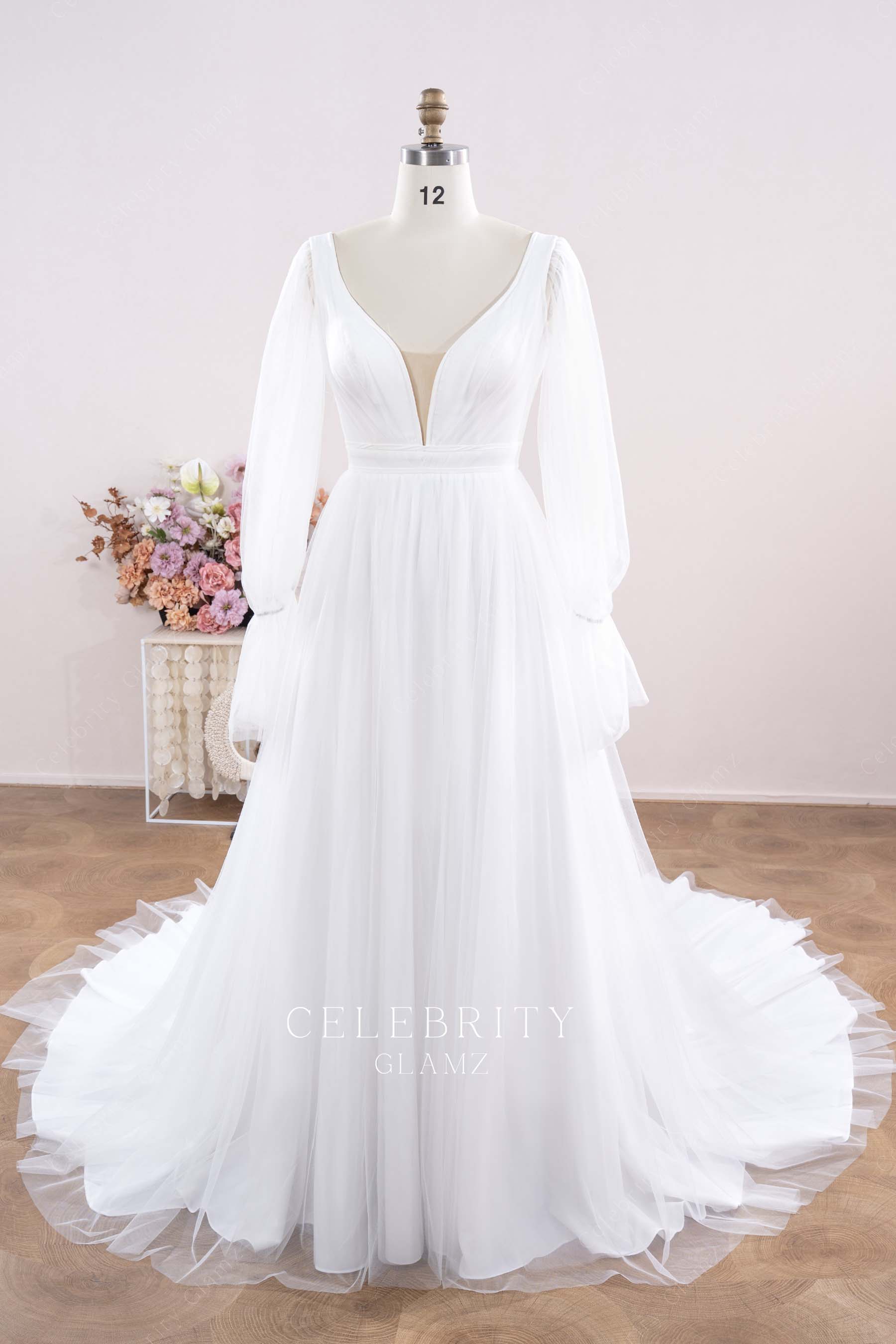 white tulle a line wedding dress