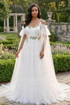 white tulle cold shoulder sleeve wedding dress
