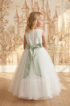 white tulle green bowknot flower girl dress