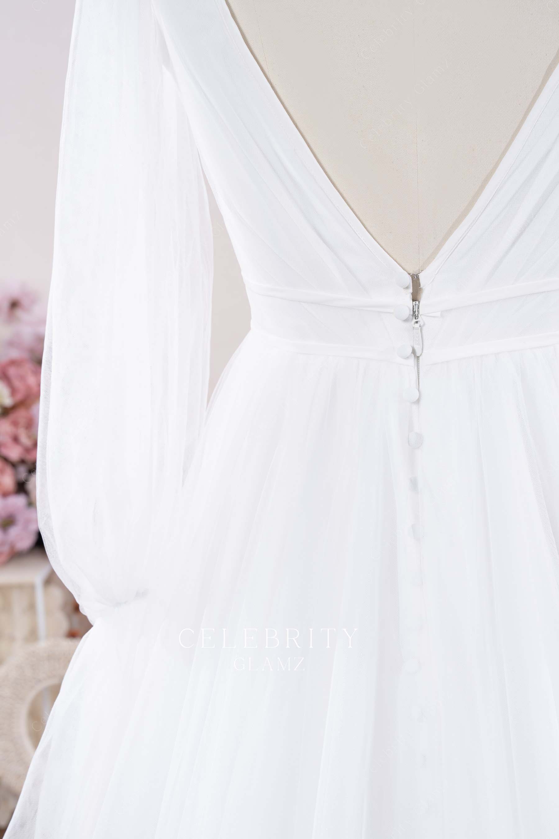 white tulle illusion sleeves wedding dress