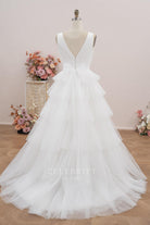 white tulle v back wedding dress
