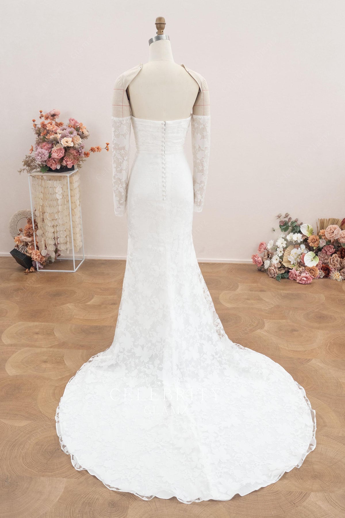 white velvet court train wedding dress