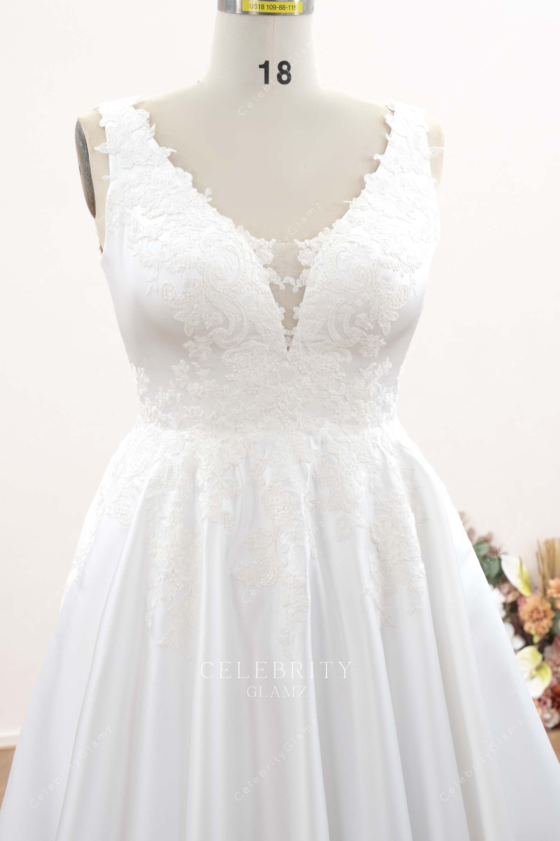 wide straps lace satin bridal dress