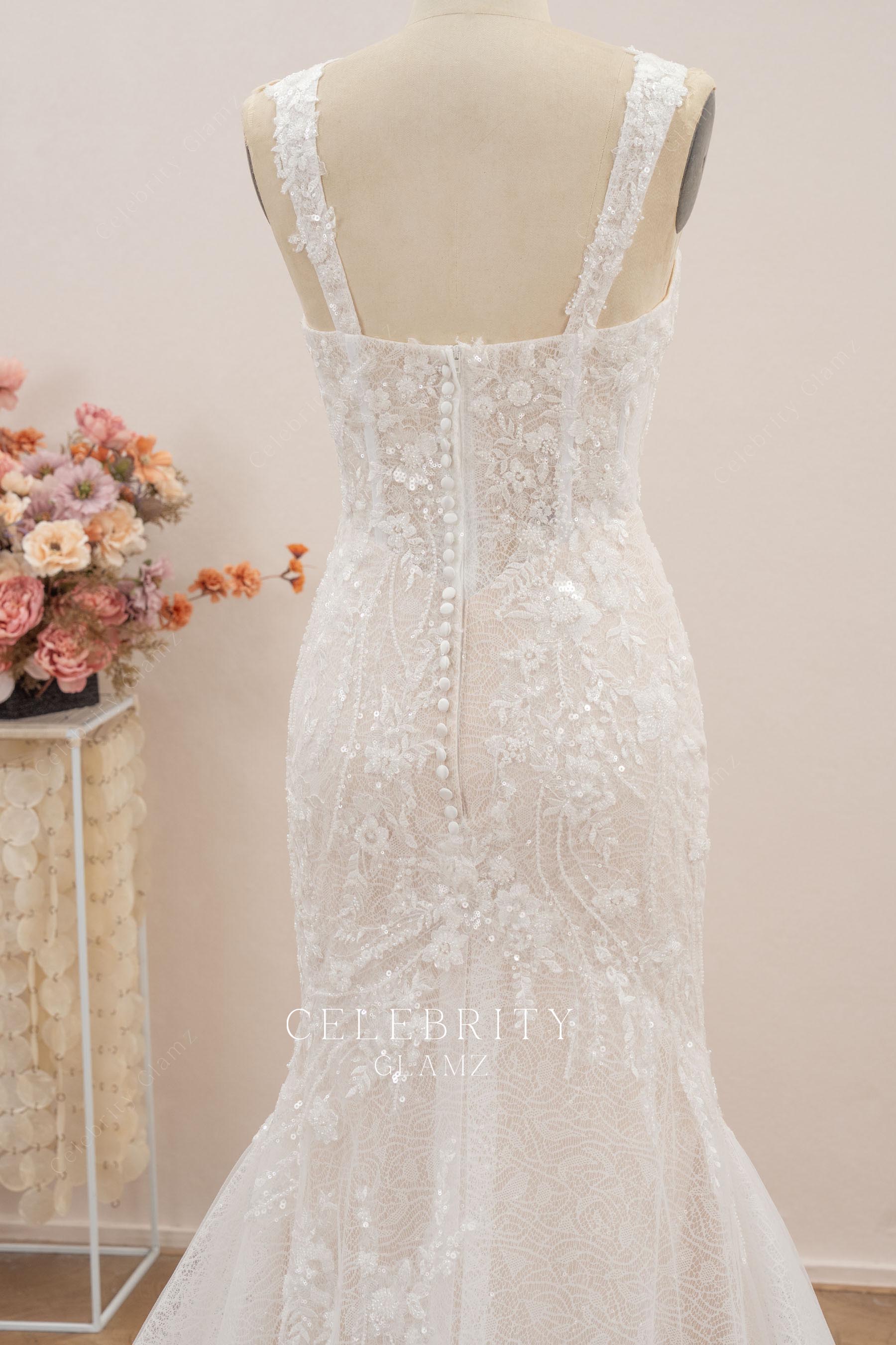 wide straps open back mermaid wedding dress
