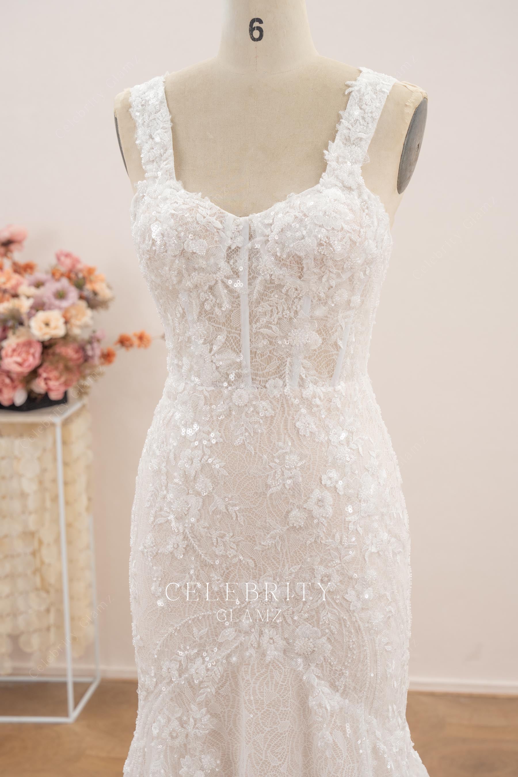 wide straps v neck wedding dress