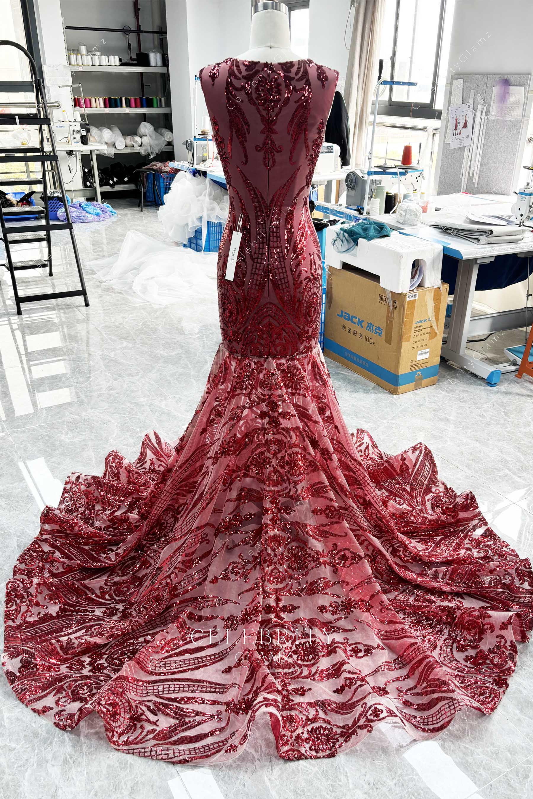 wine sequin trumpet chapel train formal dress