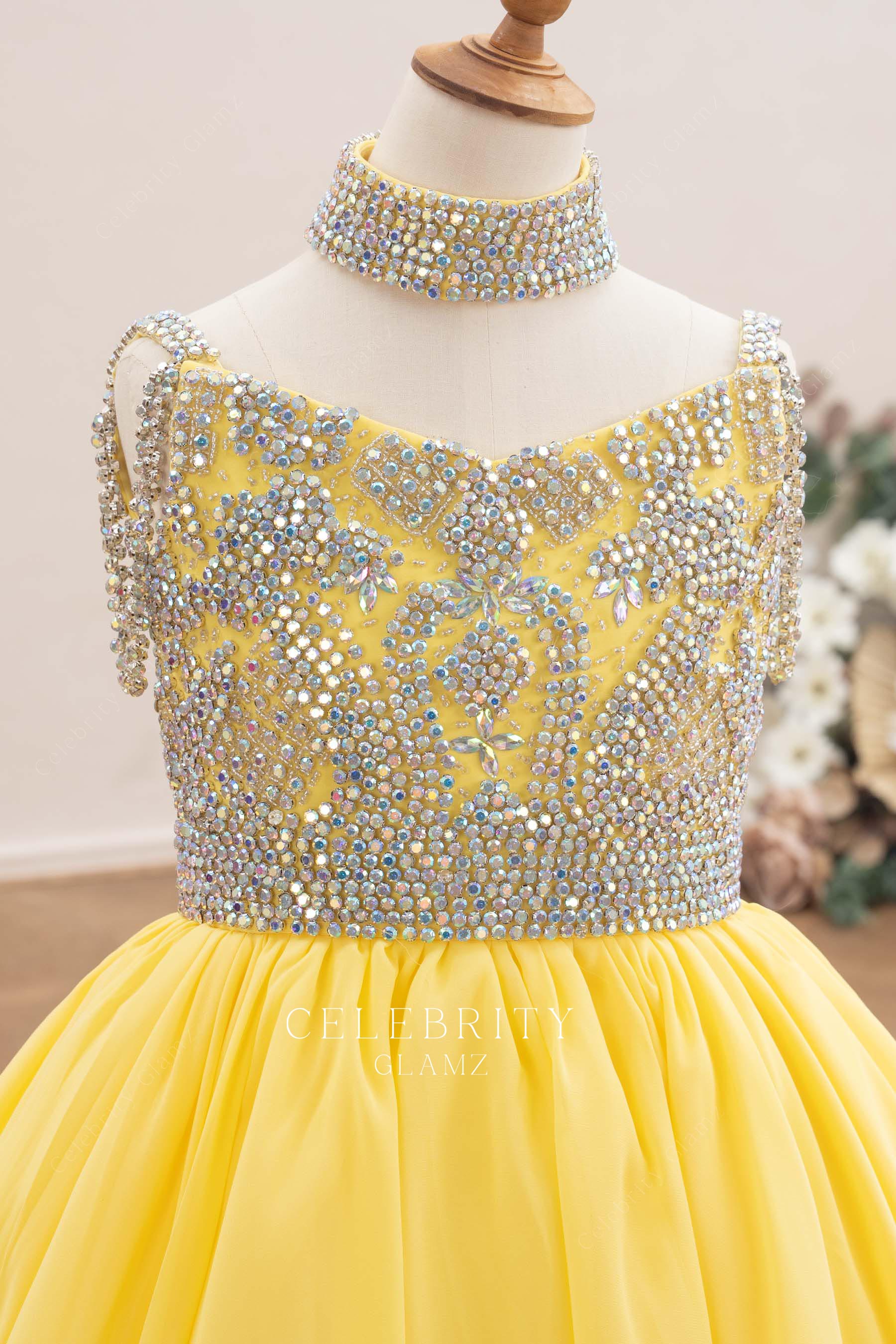 yellow chiffon choker pageant gown