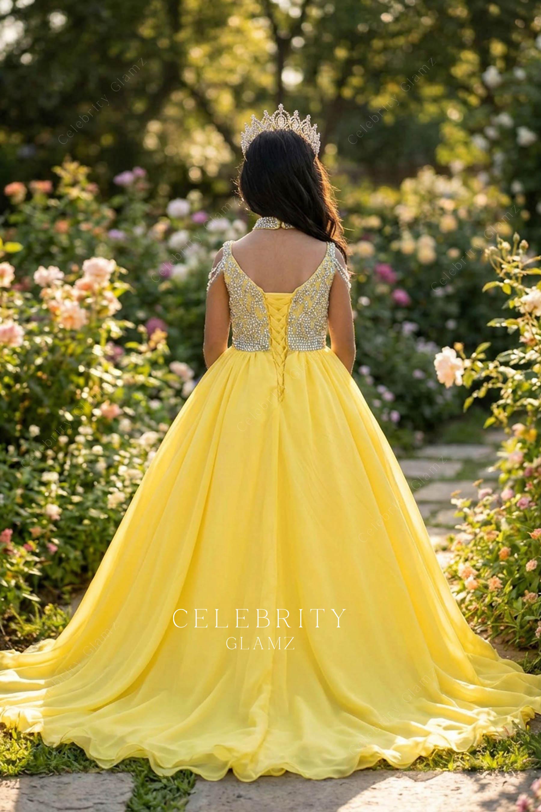 yellow chiffon court train pageant dress