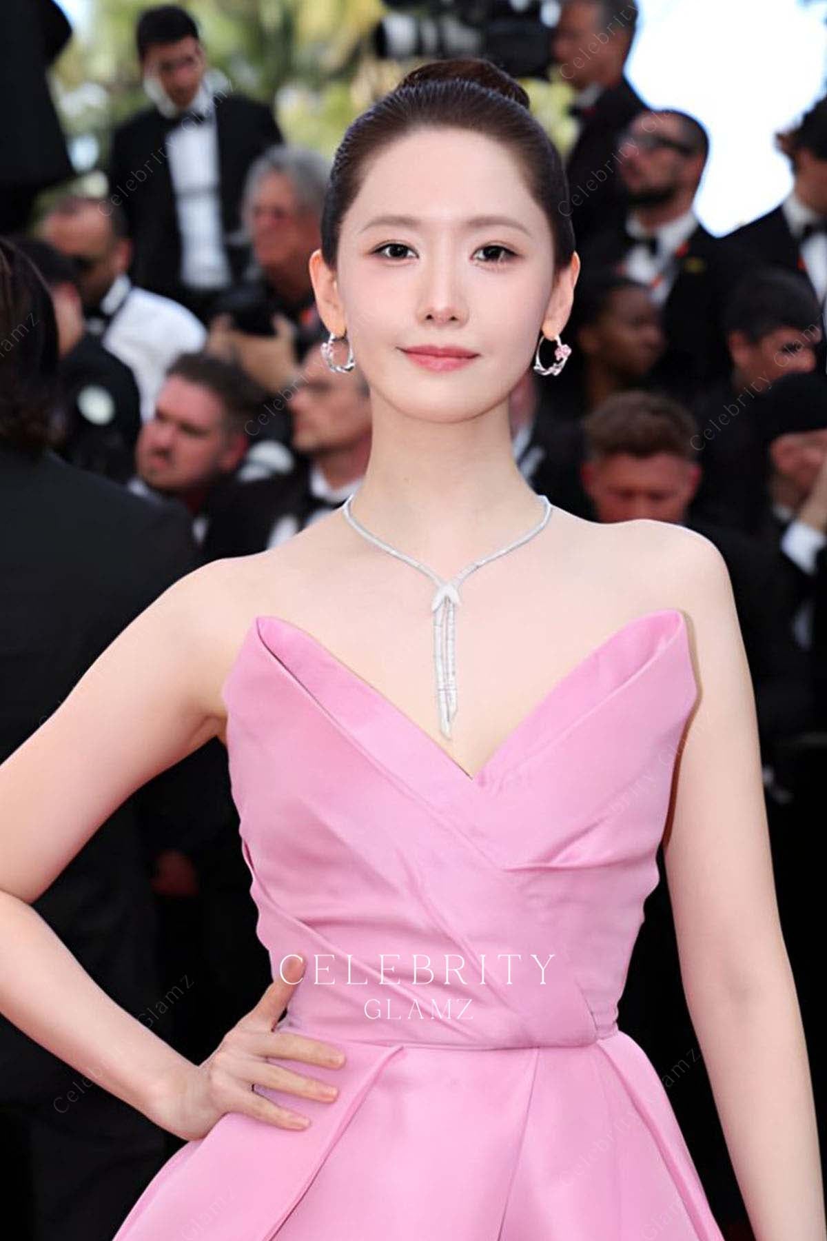 Yoona pink strapless v neck prom gown Cannes film festival red carpet 2024